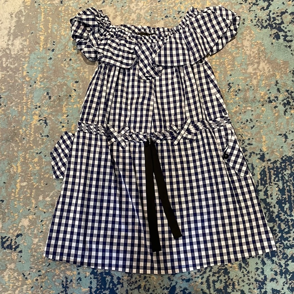 Unitedwood Checkered Off Shoulder Belted Dress with Pockets Navy/white Size 6